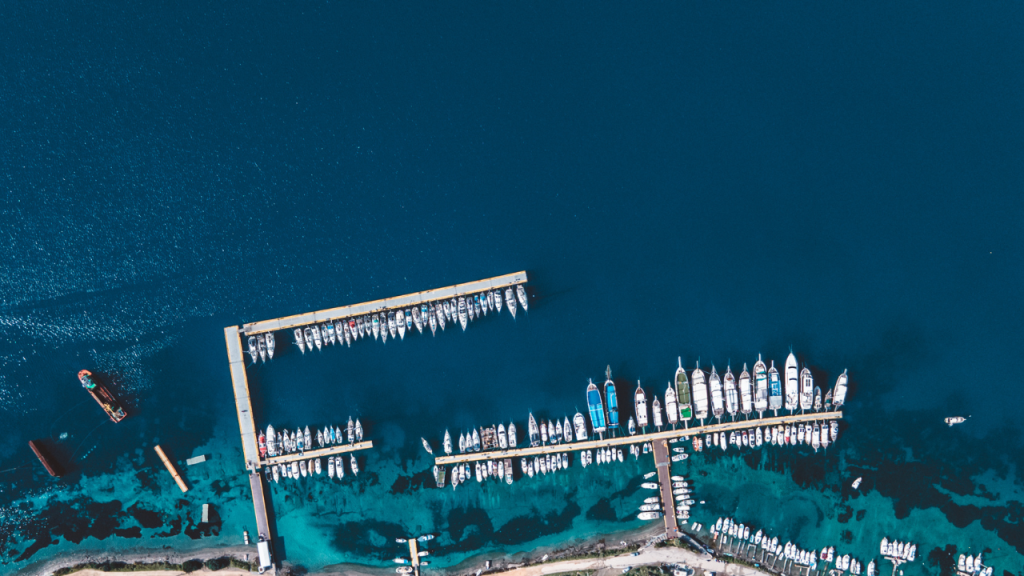 boats lined up docked in a marine aerial view
